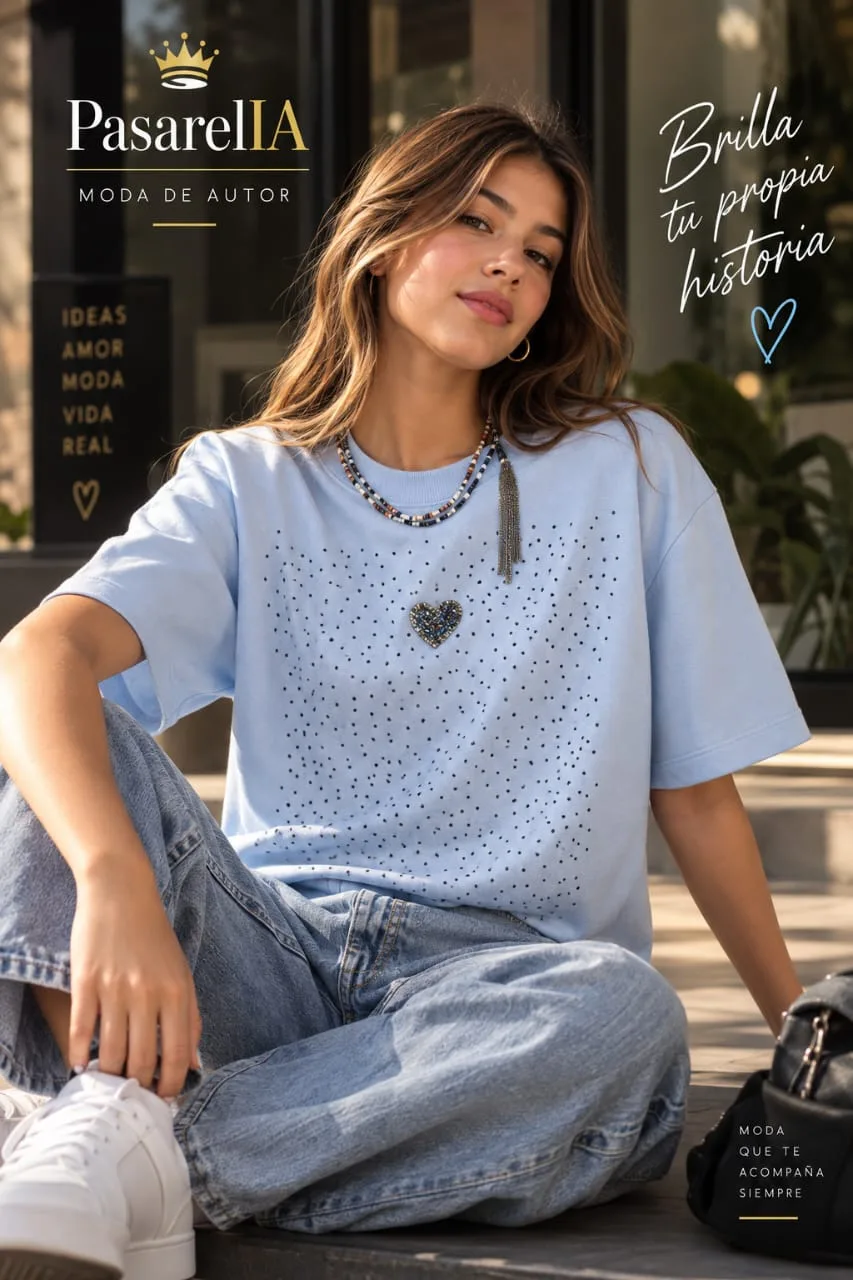 Camiseta Azul cielo con pedrería y aplique corazón