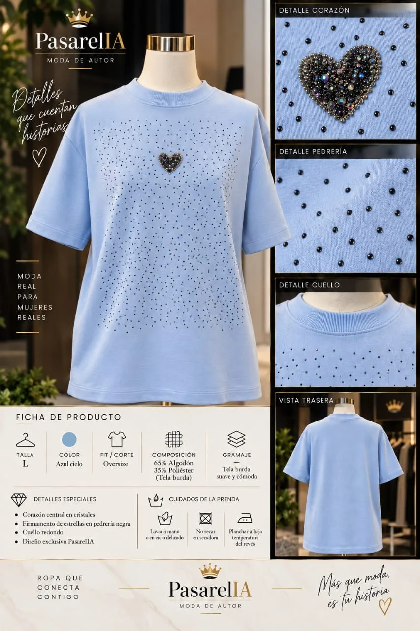 Camiseta Azul cielo con pedrería y aplique corazón — foto 4