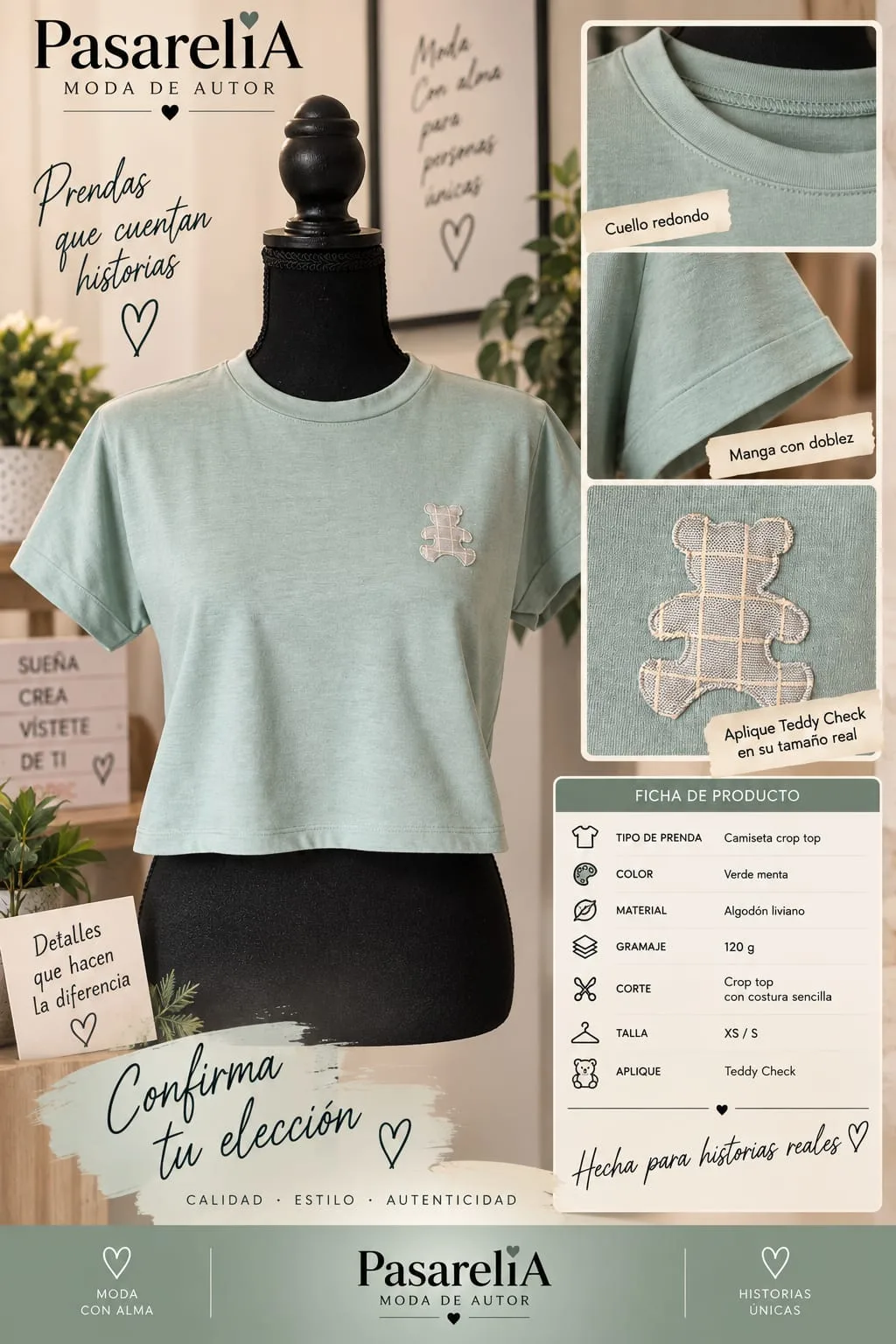 Camiseta crop top verde teddy check — foto 3