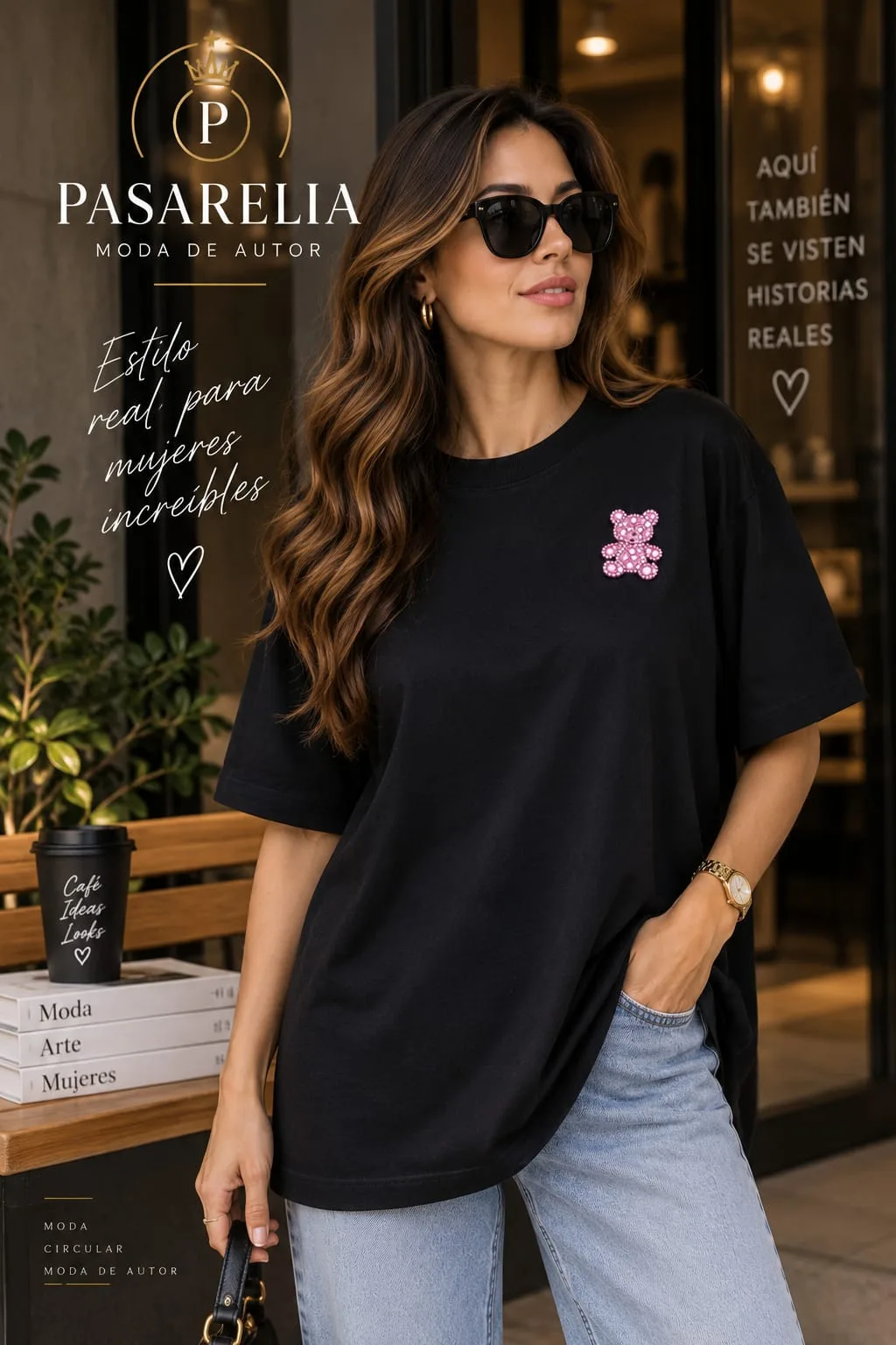 Camiseta Negra con aplique  de oso