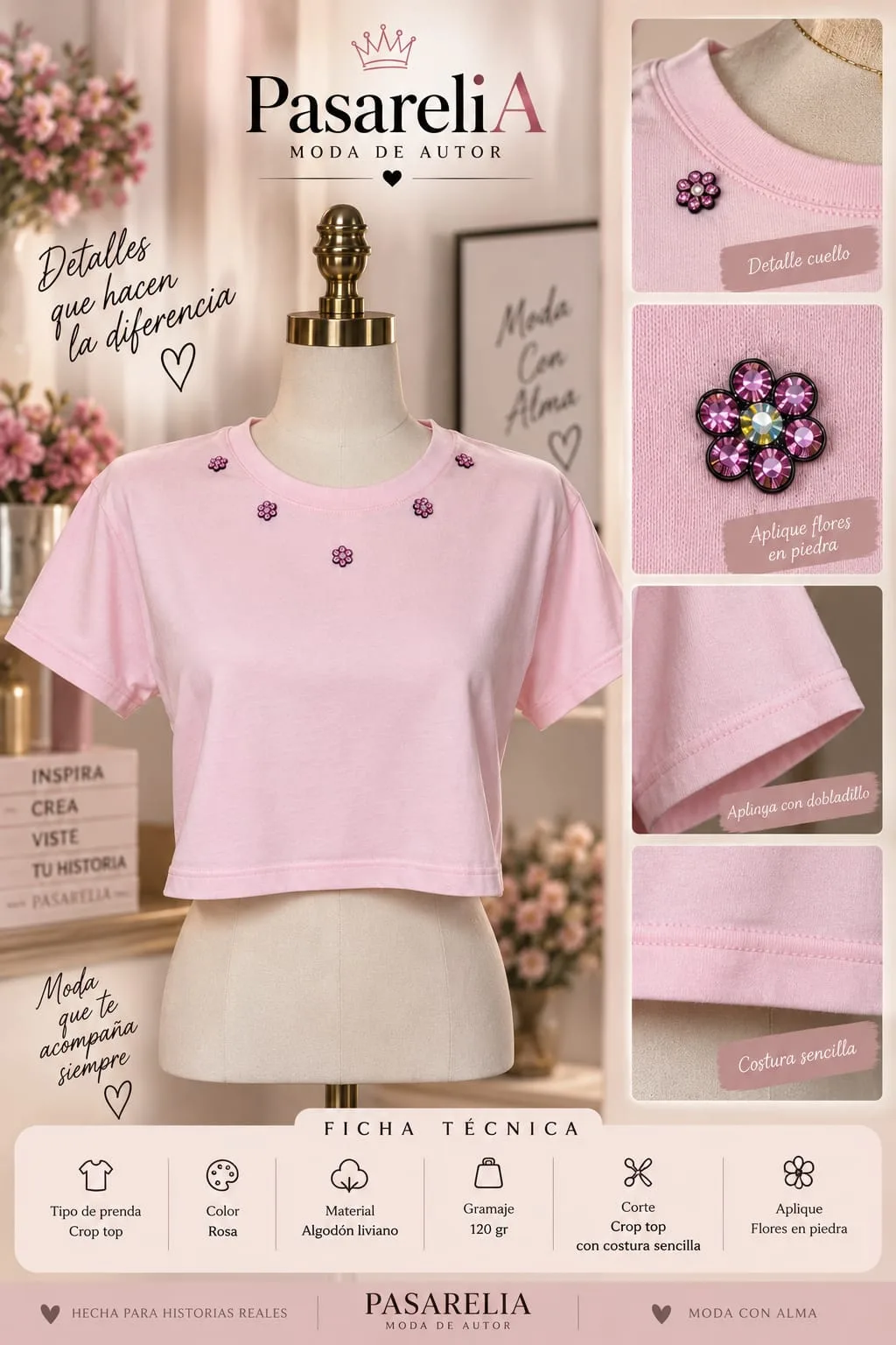 Camiseta rosada Croptop con flores — foto 3